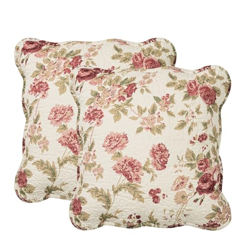 "vctops Set of 2 Cotton Quilted Floral Print Decorative Square Throw Pillow Covers with Scalloped Spring Soft Cushion Case for Couch Sofa Bed (Flower G,18""x18"")"