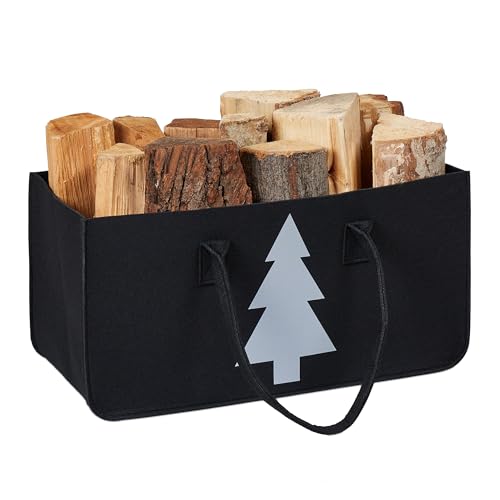 Relaxdays Felt Firewood Bag, 28l Vol, Storage Basket for Logs, Blankets, etc, Fir Tree Motif, 25x50x25cm, Black/White