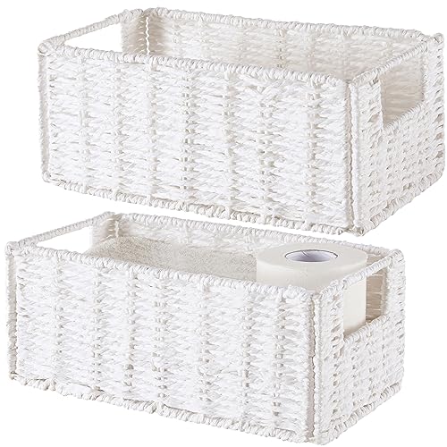 Vagusicc Wicker Storage Basket, Set of 2 Hand-Woven Paper Rope Wicker Basket, Small Storage Baskets for Organizing Toilet Paper Basket, Foldable Large Cube Storage Organizer Bins for Shelves (White)