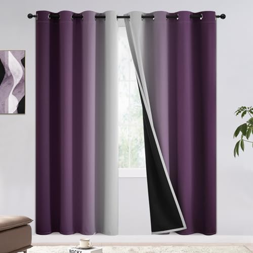 COSVIYA 100% Blackout Curtains & Drapes Ombre Purple Curtain 72 inch Length - Full Room Darkening Grommet Gradient Insulated Thermal Window Curtains for Bedroom/Living Room,52Wx72L inches???2 Panels