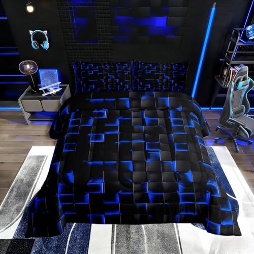 Erosebridal Neon Black Blue Boys Comforter Set Queen Size Geometric Checkered Kids Bedding Set Teen Men Gaming Room Decor,Abstract Ombre Plaid Comforter Geometry Grids Quilt Duvet