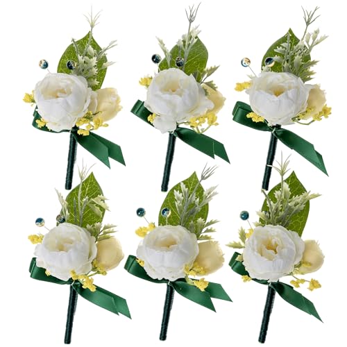 Fnize Boutonniere for Men Set of 6, Groomsmen Guest Boutonniere with Artificial Silk Flowers of Peony Rose, etc. for Wedding Graduation Prom Homecoming (White)