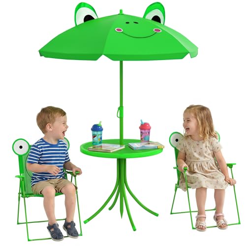 Outsunny Kids Outdoor Table and Chairs Garden Furniture Frog Pattern with Removable & Height Adjustable Sun Umbrella, Green