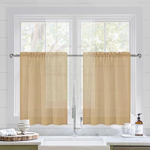 DWCN Taupe Sheer Curtains for Kitchen Windows - Sheer Voile Curtains Panels with Rod Pocket for Bedroom Living Room Farmhouse 36 x 36 Inch Drop