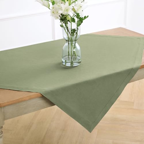 Solino Home 100% Pure Linen Table Cloth, Throw Oil Green, Fete 52 x 52 in - Linen Tablecloth a neat topper for bistro, card and side tables, neatly mitered corners, artisan crafted, OEKO-TEX Certified