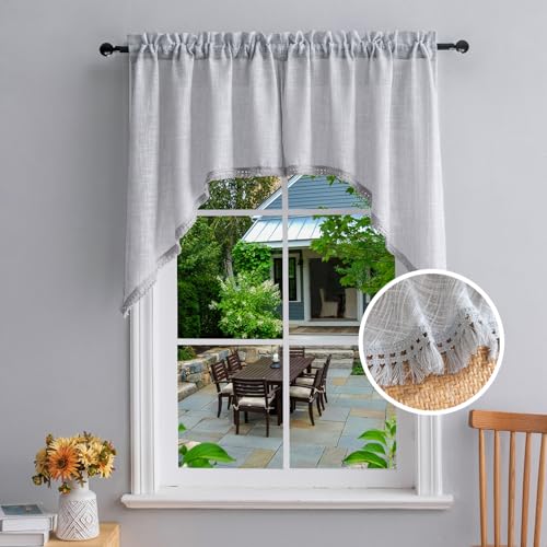 Beda Home Tassel Linen Textured Swag Curtain Valance for Farmhouses??? Kitchen Rustic Short Swag Topper for Small Windows Bedroom Privacy Added Rod Pocket Design(Light Grey 36x36-2PCs)