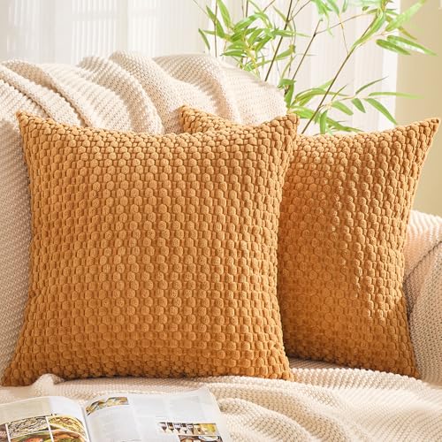 GAWAMAY Decorative Corduroy Throw Pillow Covers 24x24 Dark Orange 2 Pack - Soft Farmhouse Cushion Covers Neutral Pillow Cases for Living Room Couch, Sofa, Bedroom, Only Covers No Inserts