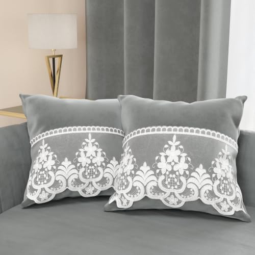 PETTI Artigiani Italiani - 2 Velvet Cushions with Rebrod?? Lace, Filling Included, 70 x 40 cm, Dark Grey