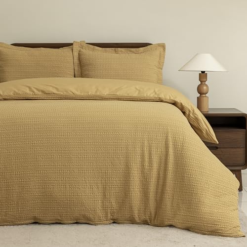 Dreamology Waffle Duvet Cover, Duvet Cover Queen Size, 100% Cotton, Luxury Bedding Duvet Cover Set with 2 Pillow Shams, Textured Chunky Waffle Duvet Covers - 3 Pieces (Mustard, Queen)