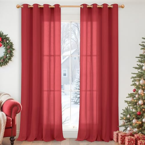 YoungsTex Red Linen Curtains 84 Inches Length for Living Room, Light Filtering Drapes Privacy with Grommet for Christmas Bedroom Dining Room, 2 Panels, 52 X 84 Inch