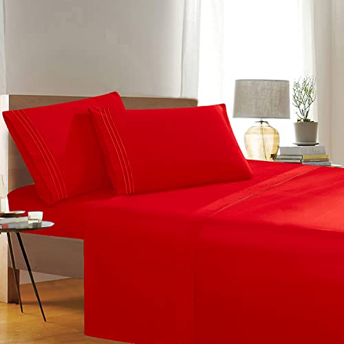Elegant Comfort Luxury Wrinkle,Fade and Stain Resistant 1500 Thread Count Egyptian Quality 4-Piece Bed Sheet Set, Deep Pocket, Queen Size, Red