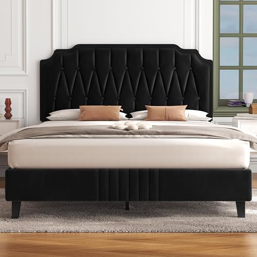 Yaheetech 5ft King Bed Frame, Velvet‑Upholstered Headboard, Black