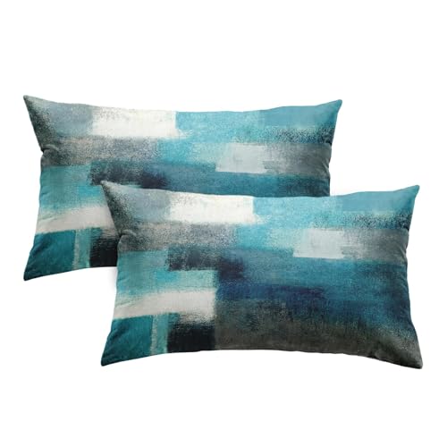 Britimes Throw Pillow Covers Modern Home Art Decor, 12 x 20 Inches Set of 2 Pillow Cases Decorative, Abstract Oil Painting Pillowcases for Bedroom, Living Room, Teal
