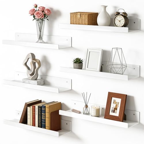 "Woobroo 6 Pack Floating Shelves for Wall, 15""x4"" White Adhesive Shelves - Dual-Mount (Adhesive or Screws) for Bedroom, Bathroom, Kitchen Storage and Organization"
