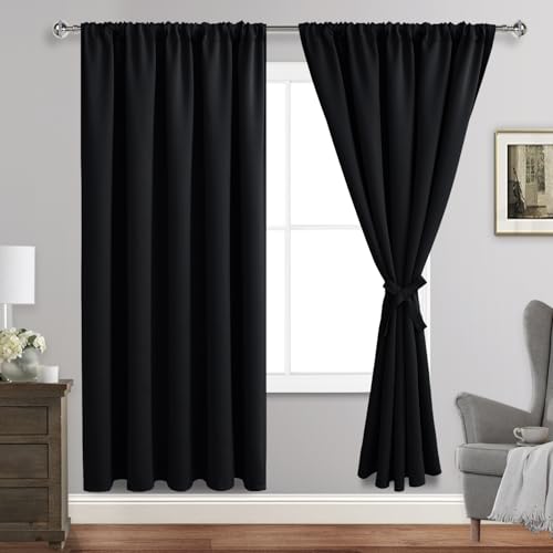 JIUZHEN Blackout Curtains for Bedroom - Thermal Insulated Room Darkening Rod Pocket Curtains for Living Room, Set of 2 Panels with Tiebacks, 60 x 72 Inch Length, Black