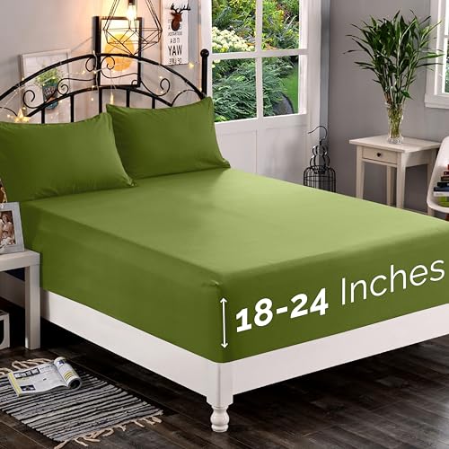 Elegant Comfort 1500 Premium Quality Fitted Sheet Ultra Soft 18-24 Inch Extra Deep Pocket - Single Fitted Sheet for High Mattress - Wrinkle Free with Smart Storage Pockets, Queen, Sage-Green
