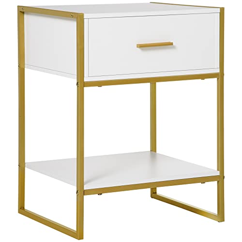 Homcom Bedside Table Nightstand Side Table with 1 Drawer and Storage Shelf for Bedroom Room Modern Style 45 x 40 x 60 cm, White, 831-535