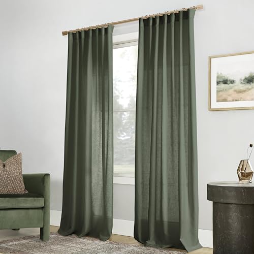 PANELSBURG Curtains Linen Olive Green for Living Room 108 Inches Long,Lightweight 9 ft Curtains,Back Tab Green Organic Boho Sheer Linen Curtain Drapes 108 Inch Length for Bedroom 2 Panels Set