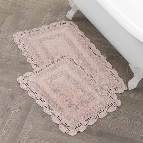 "Laura Ashley Cotton XL Crochet Bath Rugs & Bath Mats, 17""x24""/21""x34"", Dusty Pink"