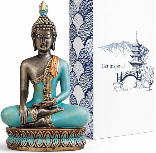 "25DOL 12.5"" Buddha Statue (The Moment of Enlightenment) - Turquoise Resin Buddha Figurine for Home, Office, Meditation, Yoga, Zen, Hindu, and East Asian Decor"