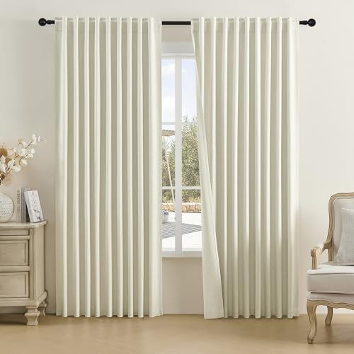 DUALIFE Beige Linen Blackout Curtains Back Tab and Rod Pocket Thermal Insulated Light Blocking Drapes for Bedroom 2 Panels Set 72X96 Inches