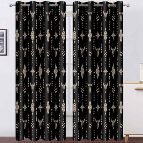 Aztec Western Tribal Curtains, Rustic Bull Skull Print, Black Gold, 52x84in - Ethnic Native Window Drapes for Bedroom Kitchen Living Room, 2 Panels, Boho Farmhouse, Southwestern, Thermal insulated