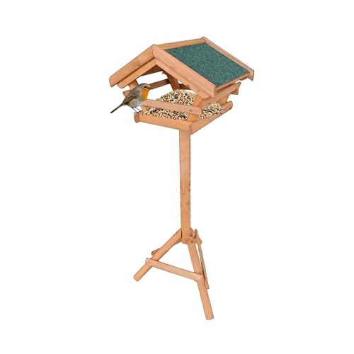 Relaxdays Bird Feeder with Stand, Weatherproof Roof, Garden & Terrace, Bird House, Natural Fir Wood, Orange