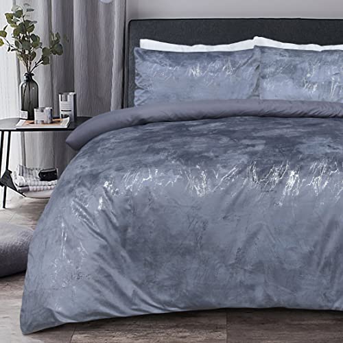 Sleepdown Metallic Marmer Sparkle Glitz Blauw Zilver Omkeerbaar Zacht Gemakkelijk Onderhoud Dekbedovertrek Quilt Beddengoed Set met Kussenslopen - Super King (260 cm x 220 cm