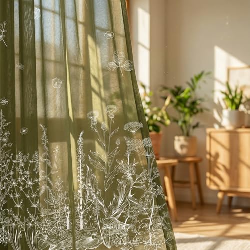 "Horaldaily Spring Sheer Curtains for Living Room and Bedroom, Wild Flowers Floral Moss Green Window Curtains, Holiday Window Drapes Decor, 52"" W x 96"" L, Set of 2 Curtain Panels"
