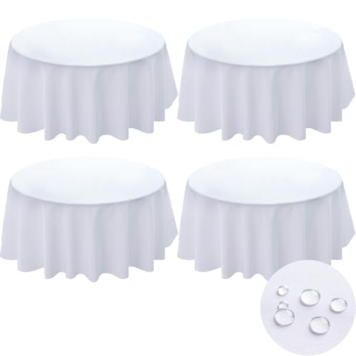 BYDOLL Table Cloth Round 48 Inch Fits Max38 Inch Diameter Top, 4 Pack White Washable Outdoor Winkle and Stain Resistant Spillproof Polyester Tablecloth for Round Tables Party Cover