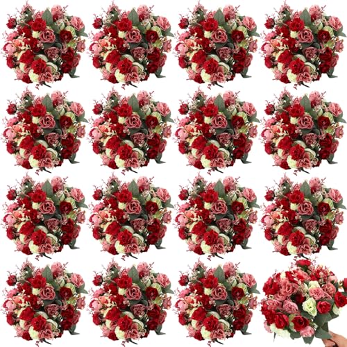 Geosar 16 Pcs Artificial Rose Flowers Artificial Flower Bouquet Leaf Valentines Wedding Centerpieces DIY Bride Fake Rose for Home Bridal Party Decorations (Red)