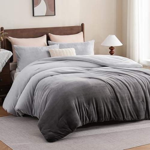 Bedbay Gray Fluffy Comforter Set Luxury Milk Velvet Bedding Comforter Queen Size Grey Gradient Plush 3 Pieces Warm Shaggy Winter Quilt for Queen Size Bed with 2 Pillowcases