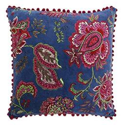 "Riva Paoletti Malisa Square Polyester Filled Cushion Paisley Indian Print-Faux Velvet Fabric-Pink Pompom Edges-Machine Washable-100 (20"" x 20"" inches), Cotton, Smoke Blue, 50 x 50cm"