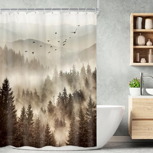 "Foggy Mountain Rv Narrow Nature Scenery Bathroom Shower Curtain Set - 48""W x 72""L shower curtain??? Tree Rustic: HD waterproof print, quick-dry cloth, free hooks for easy installation."