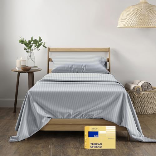 "THREAD SPREAD Striped Egyptian Cotton Sheets Twin XL Size - 600 Series Bliss Collection Damask Twin XL Sheets Deep Pockets (3 PC, Silver Grey Stripe), Sateen Dorm Bedding, Fits Mattress Upto 18"""