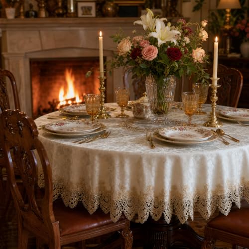 "ARTABLE Round Tablecloth Lace Rustic Macrame Embroidered Table Cloths for Harvest Dresser Decor Farmhouse Kitchen Home (Light Brown, 60"" Round)"