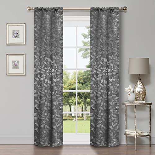 Superior Blackout Curtains, Room Darkening Window Accent for Bedroom, Sun Blocking, Thermal, Modern Bohemian Curtains, Leaves Collection, Set of 2 Panels, Rod Pocket - 26 in x 63 in, Nickel Black
