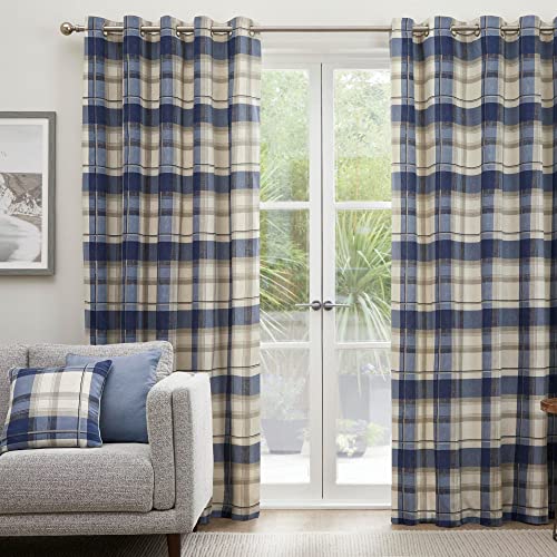 "Fusion - Balmoral Check - Pair of Eyelet Curtains - 66"" Width x 90"" Drop (168 x 229cm) in Navy"