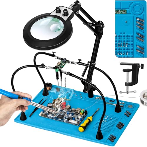 KUVRS 10X Magnifying Glass with Light and Stand, 3 Color Modes Stepless Dimming Magnifying Desk Lamp, Silicone Repair Mat & Gooseneck Helping Hands Soldering Magnifier for Hobby Craft Electronics