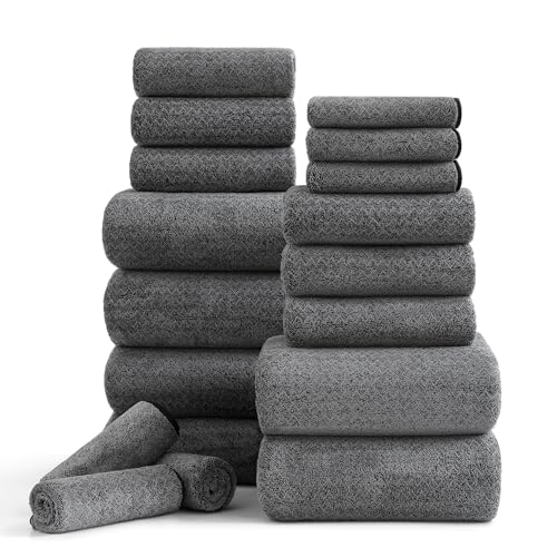 Ycosy 18 Piece Bath Towels Set,100% Microfiber Family Bathroom Towel with Hanging Loops-6 Bath Towels,6 Hand Towels,6 Washcloths,Quick Dry Highly Absorbent Shower Towel for Bathroom,Hotel,Spa-Black
