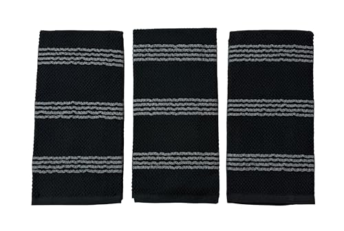 Thanksgiving Kitchen Towels- Set of 3 100% Cotton Black with Woven Grey Horizontal Stripe Pattern Design- 16 x 26 Multipurpose Towels for Everyday Use
