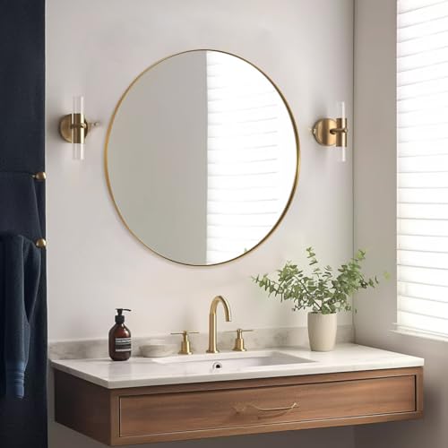 BANRIN ANDY STAR 36'' Brushed Gold Round Mirror, Brass Round Bathroom Mirror, Big Circle Wall Mirror in Metal Frame, Large Vanity Mirror for Entryway, Living Room, Washrooms
