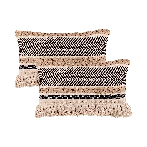 "REDEARTH ?? Boho Textured Throw Pillow Cushion Covers - Lumbar Woven Tufted Decorative Farmhouse Cases Set for Couch, Sofa, Bed, Chair, Dining, Patio, Outdoor 100% Cotton (12""x20"", Black) Pack of 2"