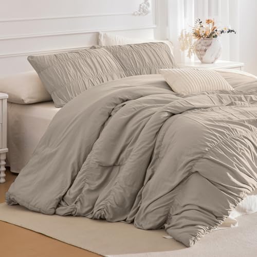 Lady Ann Oversized King Size Comforter Sets 128x120- Linen Feel Ruched Bedroom Sets, 3 Piece Fluffy Bedding Comforter Sets, Soft & Luxurious All Season Boho Bedding Sets for Women Men