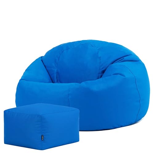 Bean Bag Bazaar Kingston Outdoor Bean Bag and Footstool, Blue, Garden Chair with Footstool, Water Resistant Fabric, Large Gaming Beanbag with Filling Included, Garden Seat, Outdoor Seating