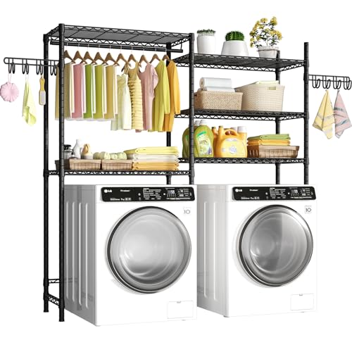 "Ulif U5 Over the Washer and Dryer Storage Shelf, Laundry Room Space Saver Bathroom Storage and Organizer Rack for Hanging Towels and Drying Clothes with 5 Wire Shelves, 58.2""W x 13.4""D x 77.5""H, Black"