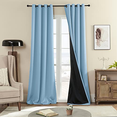 100% Blackout Curtains, 96 inches 2 Panel Sets, Heat and Full Light Blocking Drapes with Grommets for Bedroom, Thermal Insulated Window Treatment Drapes for Living Room (Haze Blue, 52Wx96L)