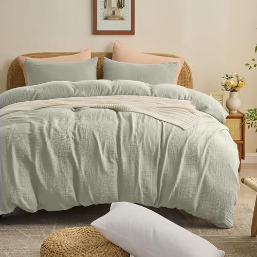 MEISHANG Muslin Duvet Cover Queen Size - 100% Organic Cotton, Soft Textured Gauze Weave Comforter Cover for Breathable All-Season with Zipper Closure - 3 Piece Set (Queen, Light Grey)