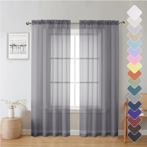 "Lecloud Charcoal Grey Sheer Curtain Panels 72 Inch Length, Light Filtering Window Curtain Drapes Treatment for Living Room, Breathable Rod Pocket Sheer Curtains for Bedroom, 2 Panels, Each 40"" Wx72 L"
