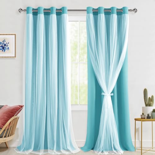 Hiasan Blackout Curtains with Sheer Overlay - 52W X 120L,Two Layer Thermal Insulated Mix & Match Grommet Window Curtains for Bedroom, Living Room, 2 Drape Panels with Tiebacks, Turquoise